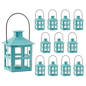 Kate Aspen Decorative Lanterns, Distressed Metal Vintage Mini Wedding Lantern, Centerpiece for Wedding Table, Accent Piece and Home Decor, Wedding Favors and Baby Shower Favors (Turquoise, 12)