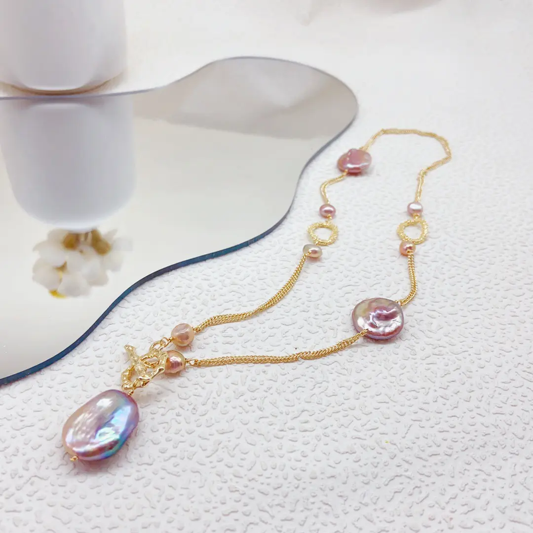 XL136003 Baroque Pearl Necklace with Irregular Shape, Freshwater Pearl, and 14K Gold Plated Copper Chain