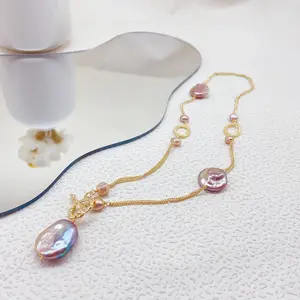 XL136003 Baroque Pearl Necklace with Irregular Shape, Freshwater Pearl, and 14K Gold Plated Copper Chain