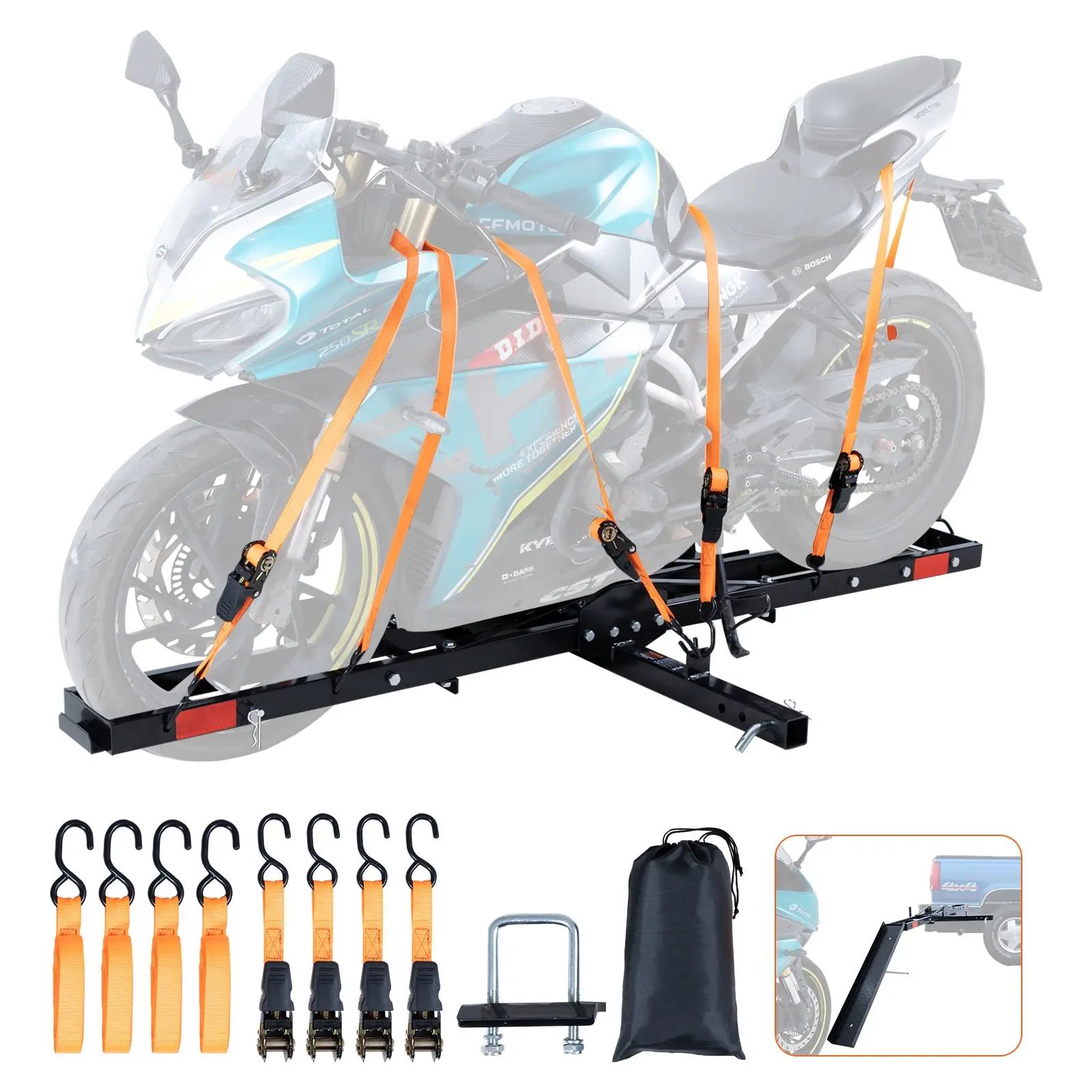 【DealsForYouDays】VEVOR 600 LBS Steel Motorcycle Hitch Mount Carrier, Car Accessories Bundle with Loading Ramp, Ratchet Straps & Stabilizer, for 2" Hitch Receiver Cars/Trucks, Father's Day Gift, Accessories For Car