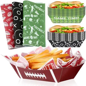 Yinkin 200 Pcs Football Paper Food Trays Set: 2 lb 100 Football Food Boats Serving Plates for Party Decorations and 100 Grease Liner Papers for Sport Party Supplies Birthday Theme Events Snack Favors