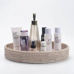 14.2 inch Round Rattan Tray, Ottoman Tray, Woven Serving Tray with Cut - Out Handles, Wicker Serving Basket, Whitewash Decorative Organiser vitamin organizer kate spade strawberry basket