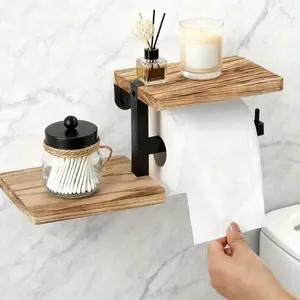 1pc Wall Mounted Wooden Toilet Paper Holder Bathroom Hotel Industrial Storage Shelf Roll Dispenser Bathroom Accessory