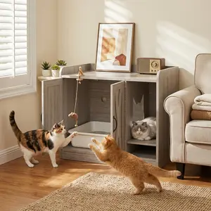 Modern Double Cat Litter Box Enclosure Furniture – Hidden Wooden Cat Washroom Cabinet with Divider, Mark Mat, Multi-Functional Indoor Cat House Bench, Large Storage, Side Table, 33.07"L x 23.62"W x 23.92"H