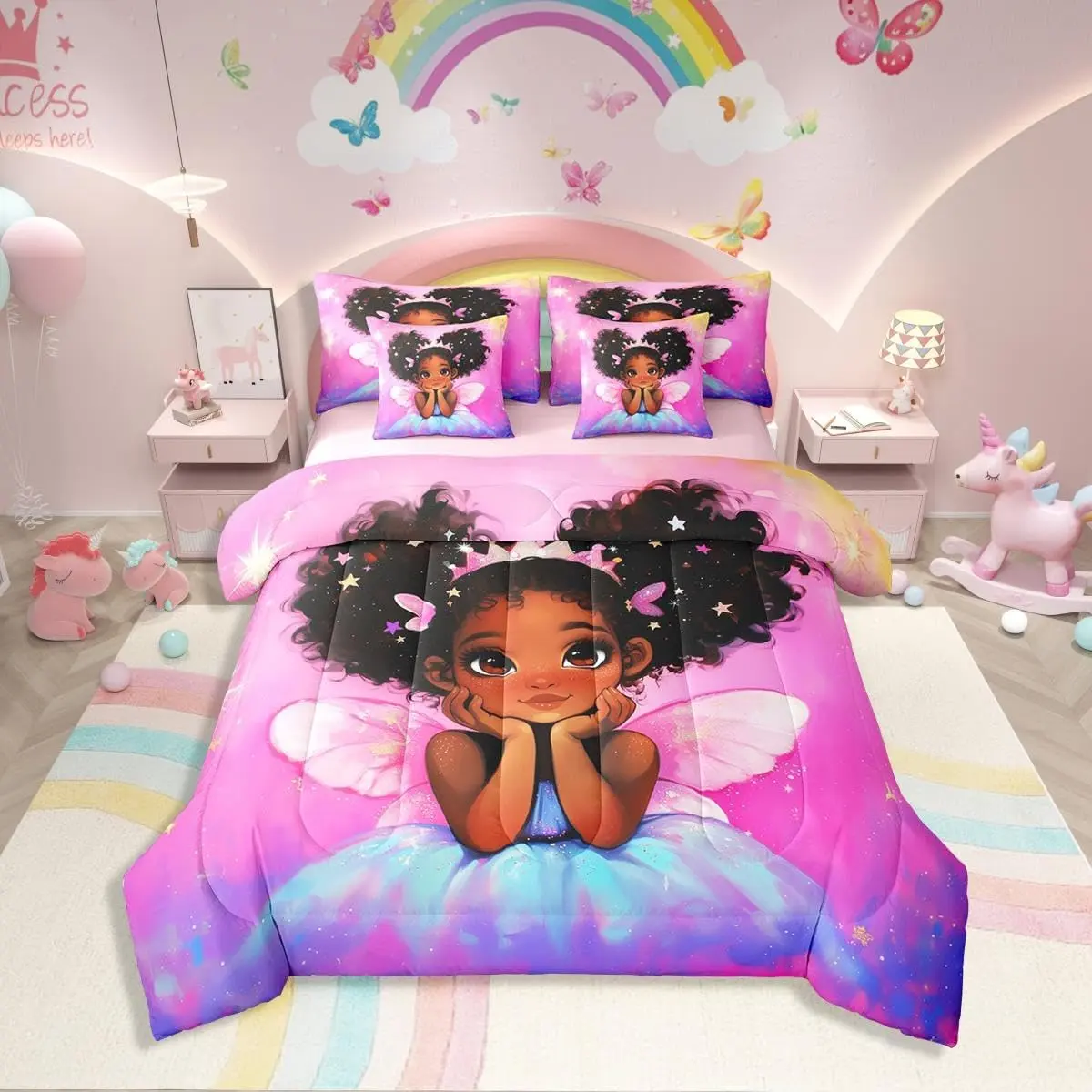 Feelyou 7-Piece African Theme Microfiber Queen Comforter Set - Ultra-Soft Bedding with Sheets, Pillowcases, Shams, Black Girls African Princess Wings Design, Multi-Size Options, Kids Girl Room Decor for Halloween, Valentine's Day, Housewarming, Father's D