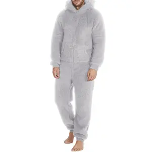 Men'S Hooded Pajamas Fleece Solid Color Zipper Front Full Length Jumpsuit Sleepwear for Winter Fall