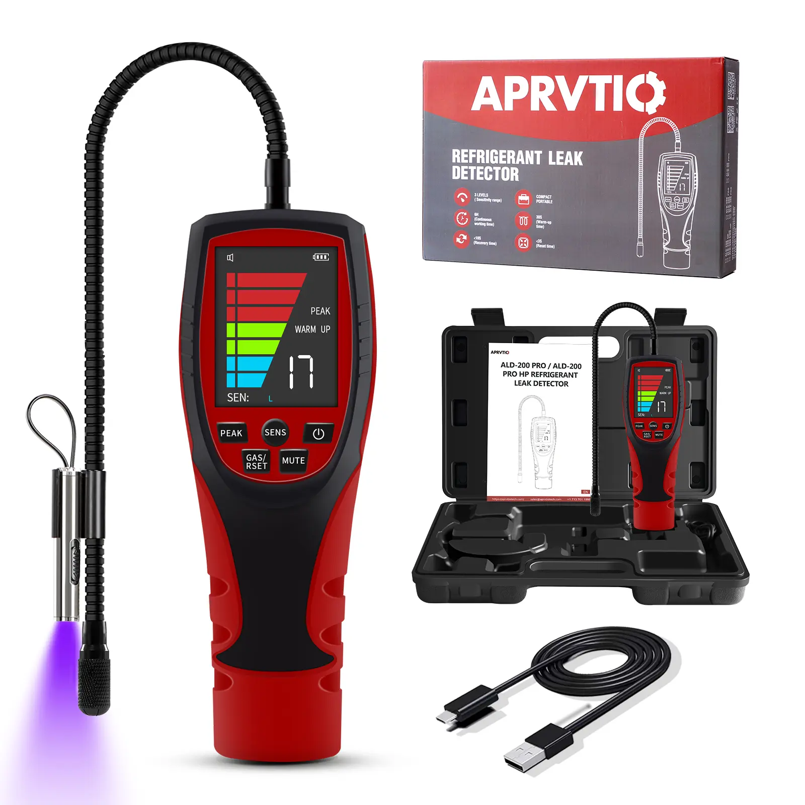 Aprvto ALD-200 PRO Refrigerant Leak Detector, Freon Leak Detector Portable Gas Sniffer for R410A R32 R454B R22 R1234YF R600a R290 with Visual Alarm & Tool Box