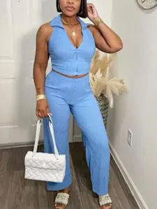 Women's Summer Sleeveless Top and Pleated Casual Pants Set, European and American Style, Fashion, Comfortable and Stylish for Daily Wear