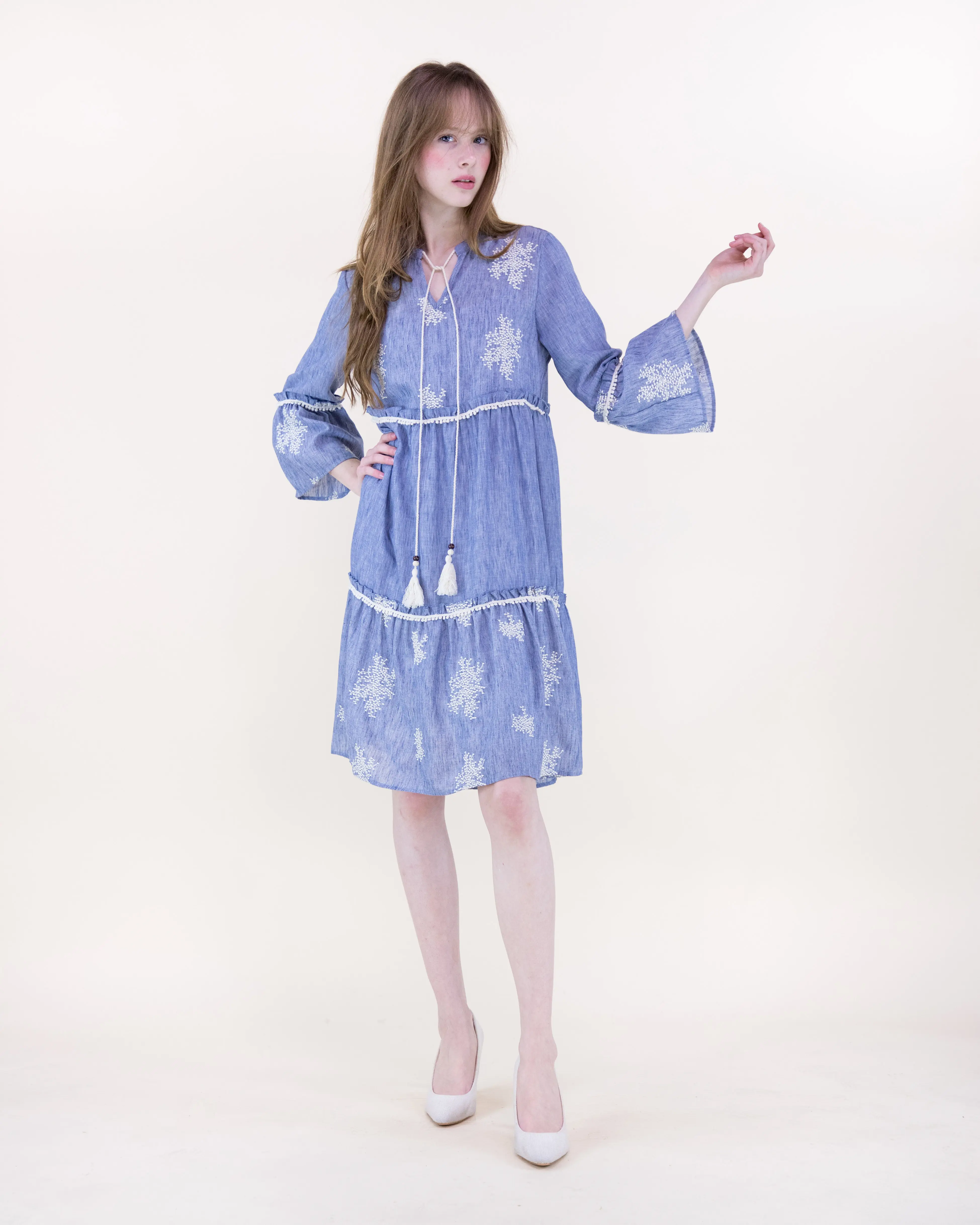 Women's Cottage Loom Embroidered Chambray Tiered Shirt Dress – Boho Denim Look Knee Length Dress with Floral Embroidery, Tassel Ties and Bell Sleeves