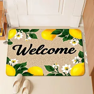 Fresh Lemon Welcome Mat, Floral Print, Non-Slip Absorbent Rug, Flannel Material, Soft Comfortable, Ideal for Kitchen/bathroom/gate/lounge/corridor
