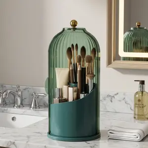 360° Rotating Makeup & Toothbrush Holder with Transparent Lid – Clear Organizer for Vanity & Bathroom Countertop Storage