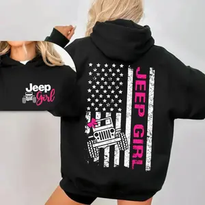 Jeep Girl Hoodie - Cute Off-Road American Flag Pattern Hoodie Casual Street Style Fleece Pullover Hoodie Trendy Top Unisex, Fashionable, Casual, Trendy Style