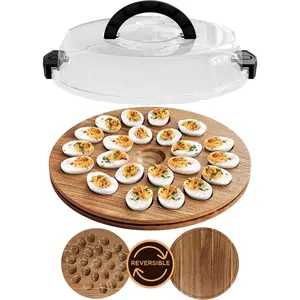 Deviled Egg Carrier with Lid and Handle Reversible Wooden Portable Deviled Egg Containers for Party Travel Covered Platter Tray Holder Holds 22 Eggs Acacia Wood