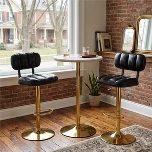 Adjustable Bar Height Set, Round White Marble Pub Table with Gold Chrome Leg & 2 Black Padded PU Leather Bar Stools with Swivel Function, Bistro Set for Small Spaces