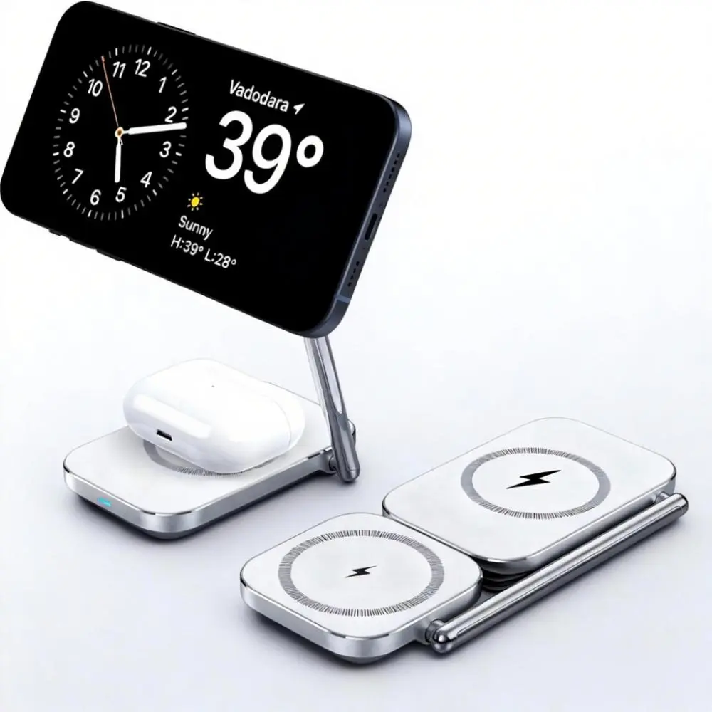2-in-1 Magnetic Wireless Charging Stand, Foldable Zinc Alloy Fast Charging Station, Portable 15W Wireless Charger for Smartphones and Earbuds, Travel-Friendly Charging Dock