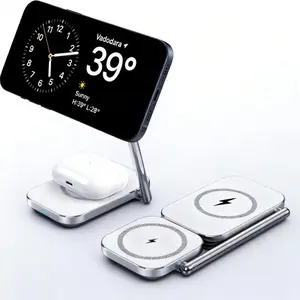 2-in-1 Magnetic Wireless Charging Stand, Foldable Zinc Alloy Fast Charging Station, Portable 15W Wireless Charger for Smartphones and Earbuds, Travel-Friendly Charging Dock