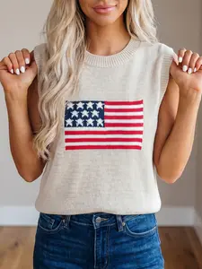 American Flag Sleeveless Sweater, Stretchy Lightweight Knit and Ribbed Trim Detailing.