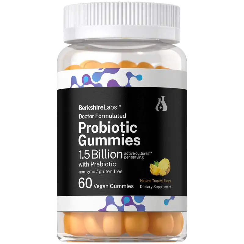Horbäach Probiotic Gummies | 60 Count | 1.5 Billion with Prebiotic | Adult Supplement for Women and Men | Doctor Formulated | Tropical Flavor | Vegan, Non-GMO, and Gluten Free | Berkshire Labs