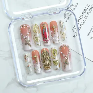 Handmade Acrylic Press-On Nails, 3D Cross & Angel Wing Designs, Detachable Luxury Diamond Luminary Gel Coffin Tips, Long-Wear Multi-Size Reusable Pack, with L Size OPP Bag + Jelly Glue + Rubbing S, for Nail Artists