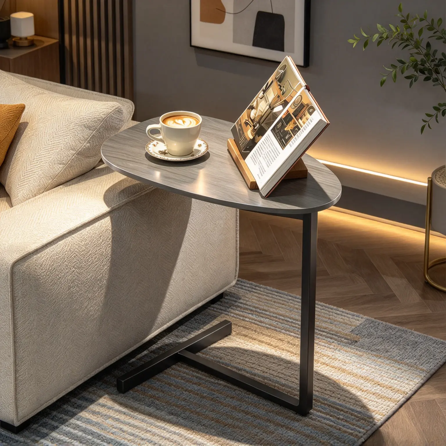 MDF+Metal Natural C-Shaped Side Table with Storage Basket - Portable Folding Laptop Snack Accent Sofa Table, Sturdy Space-Saving Easy-to-Move Piece for Living Room, Bedroom