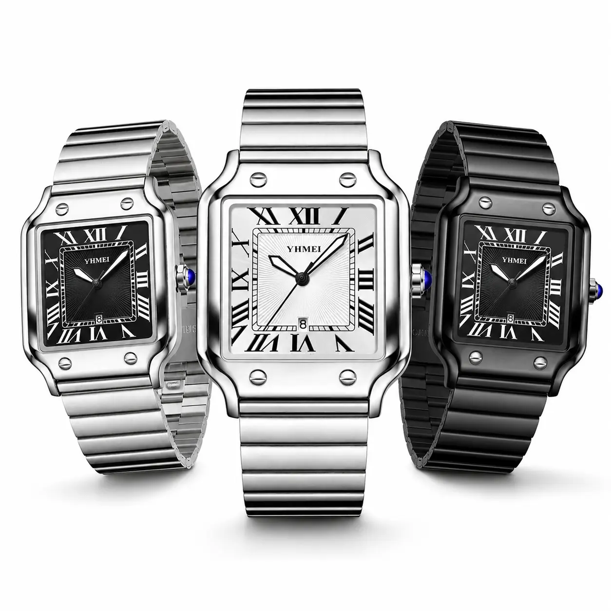Luxury square men’s watch, stainless steel quartz analog dress watch with Roman numeral dial and date display, waterproof business casual bracelet wristwatch—classic fashion watch for office, weddings, birthdays, anniversary gift for him