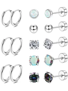 Steel Earrings for Sensitive Ears Hypoallergenic 20G Stainless Steel Stud Hoop Earrings for Women Men Small Opal Ball CZ Steel Flat Back Earrings Cartilage Earrings Hoop Stud Solitaire Earrings