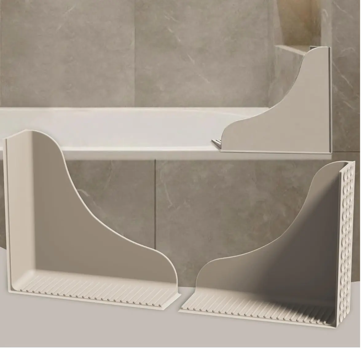 Roslim No-Adhesive 2-Pack All-Silicone Shower Splash Guard with Strong Suction Cups, Reusable Bath Tub Corner Water Blocker for Secure Seal，Keep Water in Shower or Bath, One-Piece Design, Taupe