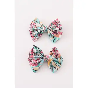 Teal floral print piggie hair bow