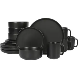 Stoneware Plates, Bowls, & Mugs Dinnerware Set - Matte Black, Service for Four (16pcs)