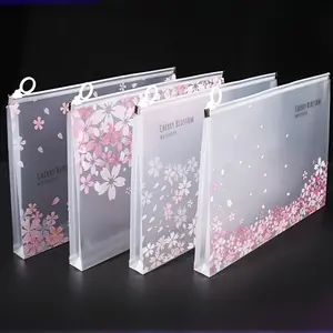 1 A4 Waterproof Zipper Document Pouch - Transparent Pink Cherry Blossom Pattern Ideal for office, home, or travel use with letter-sized documents Lightweight decorative storage and organization File Folder
