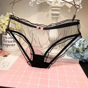 Women's Minimalist Basic Sheer Mesh Bikini Panties - Lightweight, Soft, Breathable Fabric, Lace Trim, Secure Fit, Everyday Wear (Black/White/Pink)