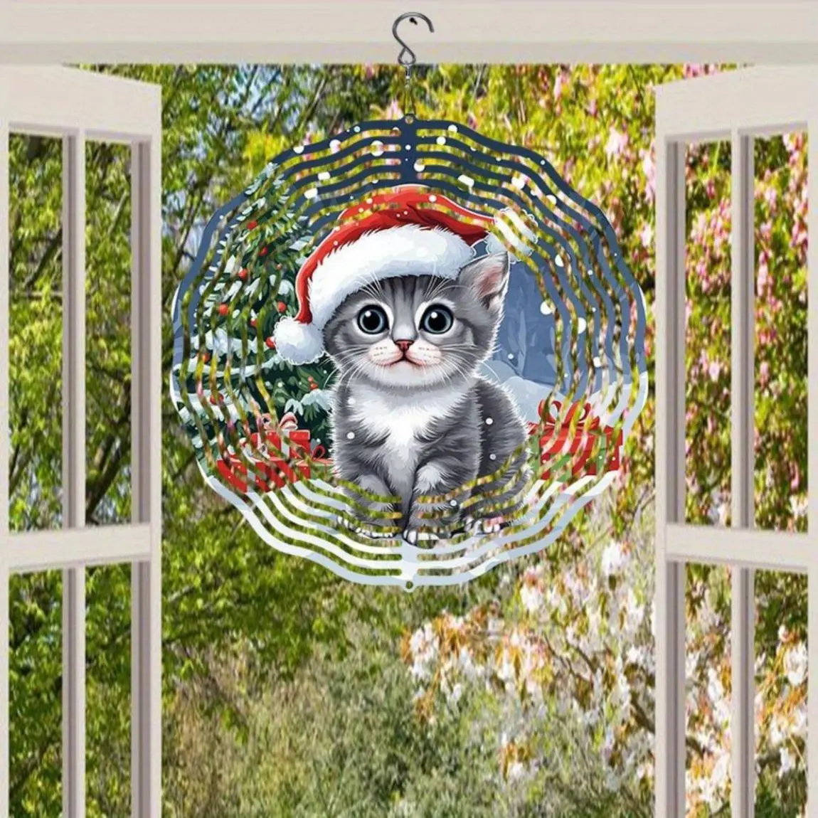 Christmas Kitty Pattern Rotating Wind Chime, Creative Hanging Decor for Garden Patio Indoor, Home Outdoor Decoration, Holiday Gift