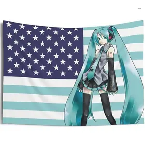 MIKU American Flag Tapestry, Anime Funny Room Merch, miku fan Gift Idea, japanese vocalooid tapestry, Wall decor for anime fan, USA flag banner, college dorm decoration