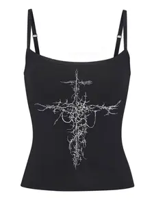 Women's Gothic Cross Print Bodycon Tank Top, Womenswear, Slim-Fitting Adjustable Spaghetti Strap, Casual Summer Wear, Perfect for Daily & Vacation Use
