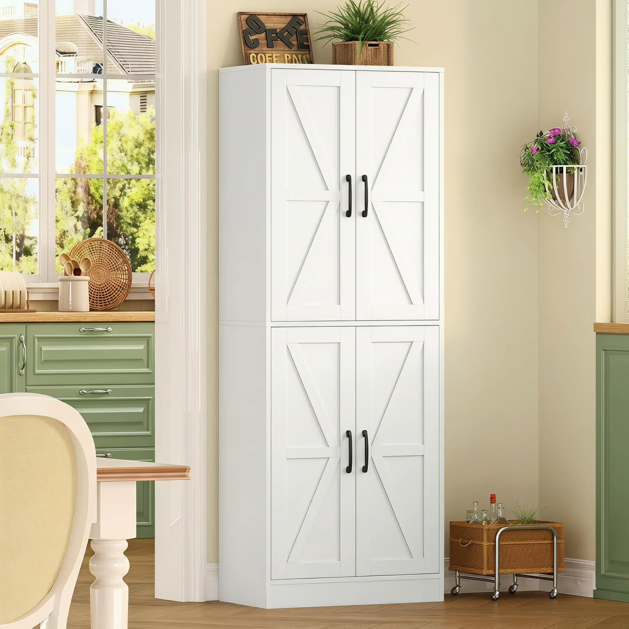 Kitchen utensil cabinet, 67.7-inch high wooden storage cabinet, independent food storage and storage box, with doors and adjustable shelves, suitable for large practical cabinets in restaurants, kitchens, and home offices, black and white
