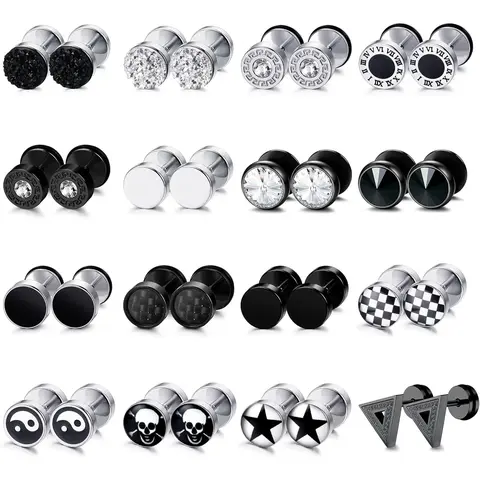 FIBO STEEL 9/16 Pairs Stainless Steel Stud Earrings for Men Women Fake Gauge Earrings Cheater Faux Gauges Ear Tunnel 8mm 18G 6.5mm Durable Comfortable