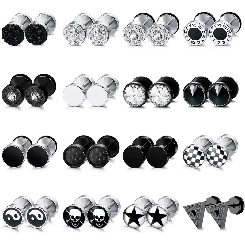 FIBO STEEL 9/16 Pairs Stainless Steel Stud Earrings for Men Women Fake Gauge Earrings Cheater Faux Gauges Ear Tunnel 8mm 18G 6.5mm Durable Comfortable