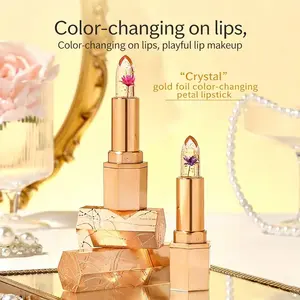 Crystal Gold Foil Color Changing Petal Lipstick, Long Lasting Non-Sticky Transparent Jelly Lip Gloss, Flower Makeup Lip Balm