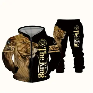 Men's 2-Piece Casual Polyester Clothing Set - Stretch Fabric, 3D Digital Knitted Long Sleeve Hoodie & Sweatpants, Mixed Color Animal Print, for Daily Wear