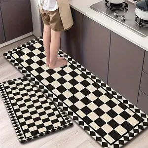 Flannel Kitchen Mat Set, Chessboard Classic Pattern, Vintage American Style, Non-Slip Bottom, Absorbent