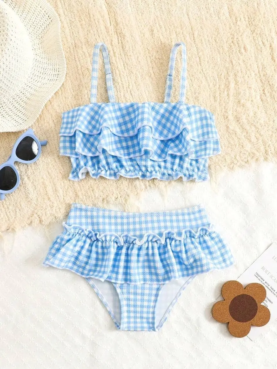 Girls Gingham Ruffle Trim Bikini Set, Cute Two-Piece Swimsuit for Summer Holiday Beachwear