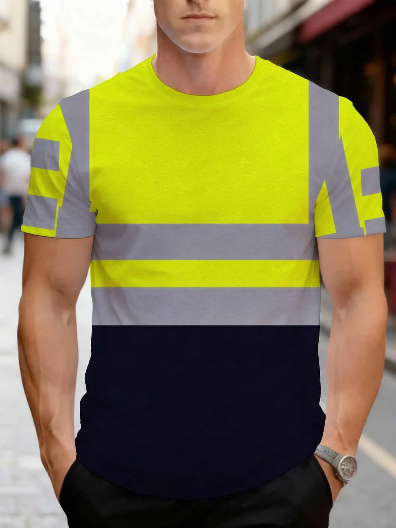 Reflective safety workwear short-sleeved T-shirt, Summer breathable and quick-drying workwear top, Nighttime outdoor duty and patrol traffic warning clothing, Construction worker reflective strip T-shirt, Construction Gear