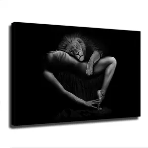 Black and White Swan Lion with Nude Woman Pictures Sexy Body Canvas Painting Wall Art Fashion Posters for Living Room Decor