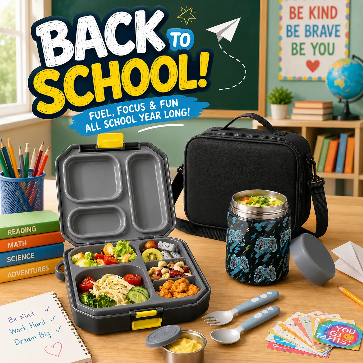 [Summervibes]wiwens Bento Lunch Box for Kids with 12oz Soup Thermo Leak-Proof Lunch Food Container with 5 Compartment Thermo Hot Food Jar and Insulated Lunch Bag for Kid Toddler Girls Boys to School