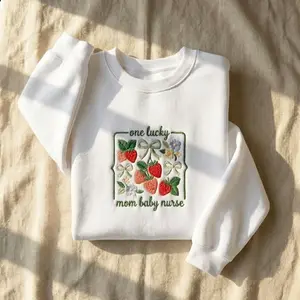 Mother Baby Nurse Embroidered Sweatshirt, One Lucky MB Nurse Shirt, Strawberry Bow Crewneck, Postpartum Nurse Gift