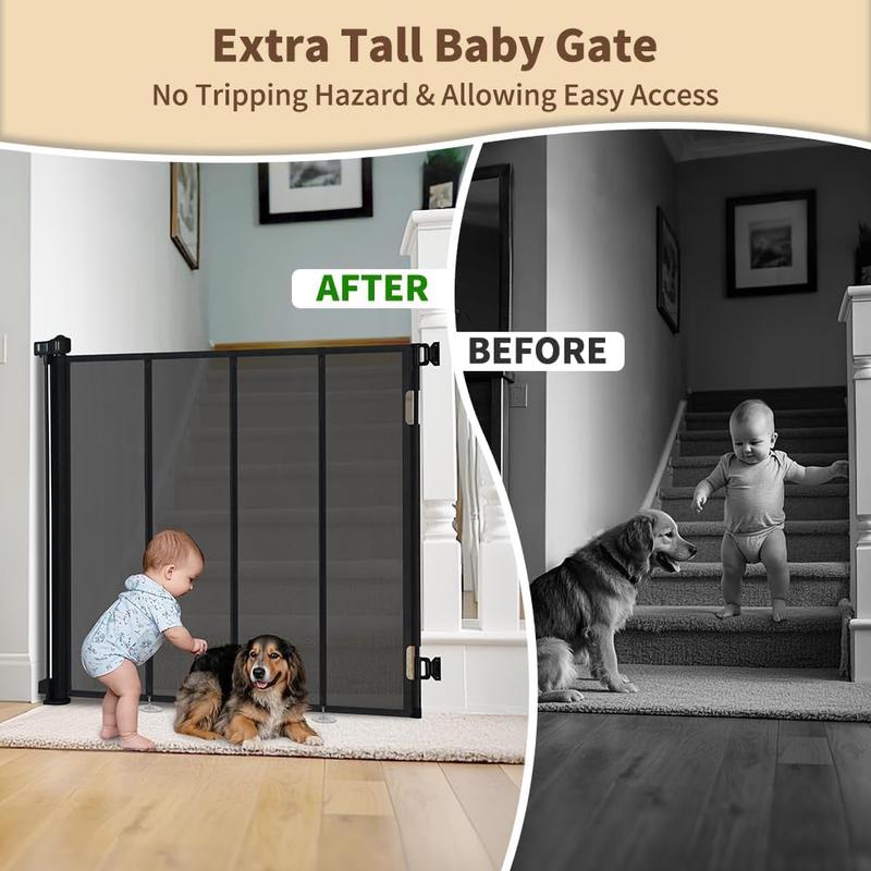 SMONTER 47” Extra Tall Retractable Baby Gate, (Newly upgraded hook design) Reinforced Mesh Dog Gate Extends to 59" Wide, Baby Gate for Stairs, Doorways, Hallways, Indoor and Outdoor, Black