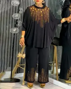 ChicMe Women's 2 Pieces Outfit Round Neck Batwing Sleeve Loose Fit Top and Elastic Waist Wide Leg Pants Set Casual Golden Rhinestone & Sequin Decor Set