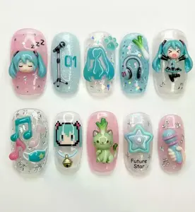 Kawaii Vocaloid H-Hatsune Miku-u Press On Nails | 3D Chibi Character Nail Art for Beaches, Summer, Holiday, Vacation, Birthday