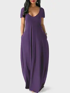 Women's Casual Solid Color Dress, Deep V Neck Short Sleeve Long Gown, Summer Fashion Clothing, Comfortable, Minimalist & Stylish Design