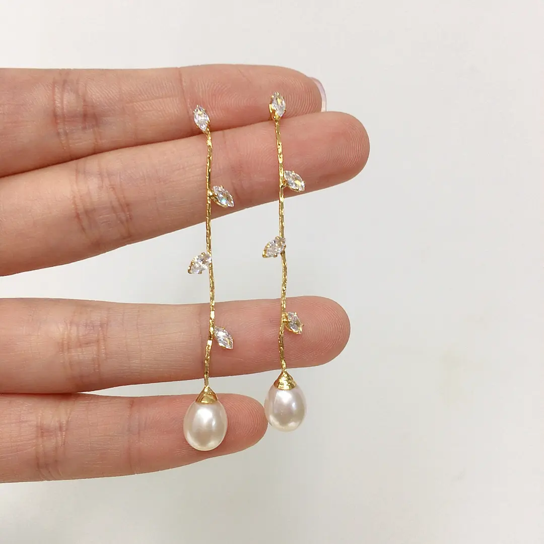 Drop Earrings for Women – Elegant Leaf Zircon & Fresh water Pearl Threader Earrings